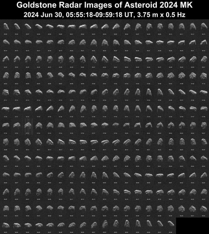 A grid of radar images of Asteroid 2024 MK taken on June 30, 2024, by Goldstone Radar. The grid displays variations in the asteroid's surface and shape captured between 05:55:18 and 09:59:18 UT. The images are shown at 3.75 m x 0.5 Hz resolution.