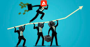 Illustration of three businesspeople with camera heads carrying another businessperson who has a road sign head toward an upward arrow, with money flying. represents support and progression in a creative or media-focused industry.