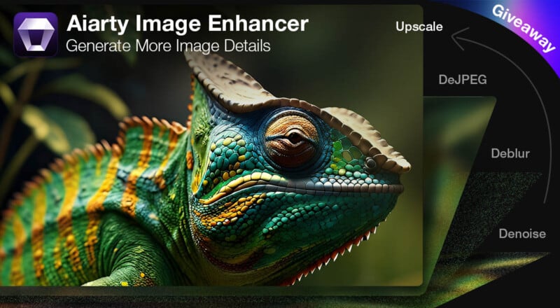 A colorful chameleon with detailed skin patterns is the focus of the Aiarty Image Enhancer ad, which includes text highlighting features like Upscale, DeJPEG, Deblur, Denoise, and a Giveaway banner.