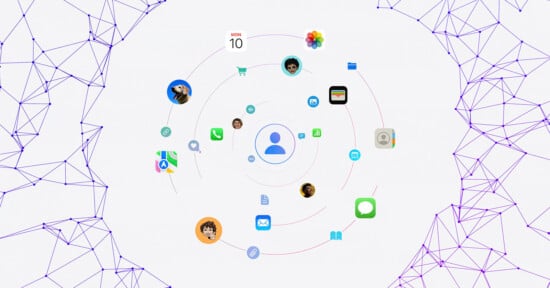 A graphic shows a central user icon surrounded by various app icons in concentric circles, including social media, messaging, calendar, maps, health, photos, email, and shopping. The background features a network of interconnected purple lines and nodes.