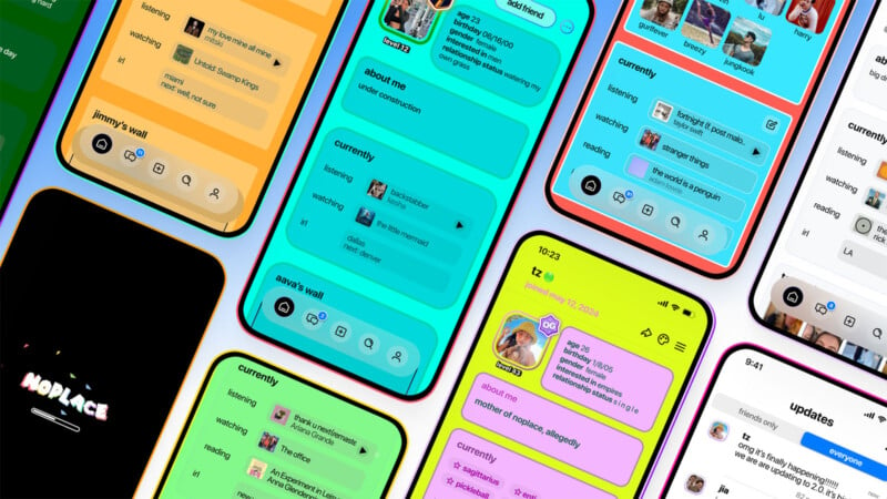 A colorful display of several smartphone screens showing a social media app with various profiles and posts. Each screen features profile pictures, status updates, and icons in different vibrant colors like yellow, teal, pink, and light blue on a gradient background.