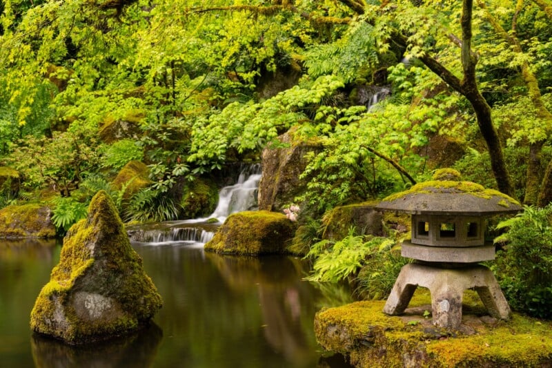 A serene Japanese garden features a stone lantern, moss-covered rocks, and a gentle waterfall cascading into a pond surrounded by lush green foliage. The peaceful setting exudes tranquility and natural beauty.