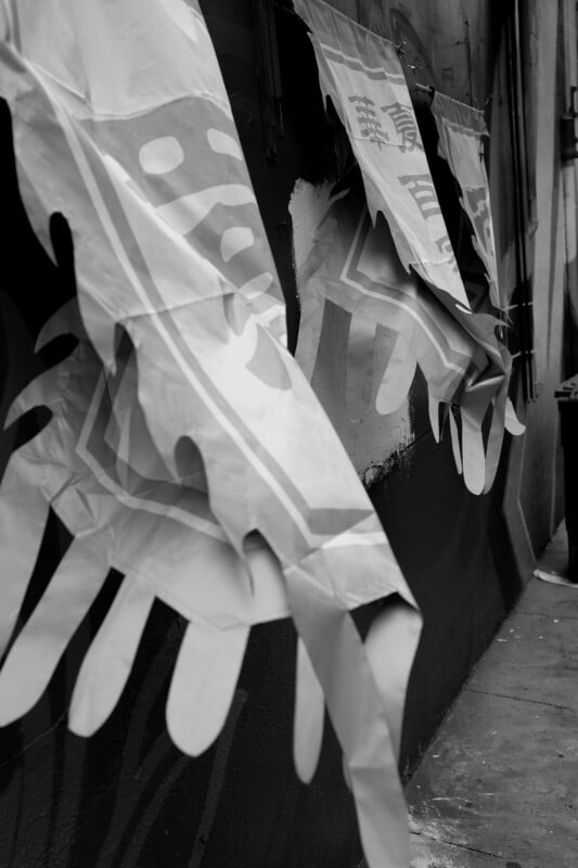 Black and white image of traditional japanese koinobori carp streamers hanging against a dark wall in a narrow alleyway.