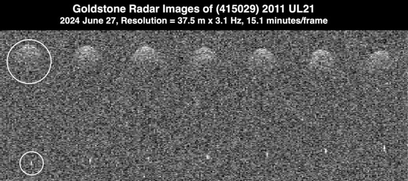 A series of radar images displays the movement of asteroid (415029) 2011 UL21 from June 27, 2024, with a resolution of 37.5 meters by 3.1 Hz and 15.1 minutes per frame. Bright, rounded spots depict the asteroid's positions against a grainy background.