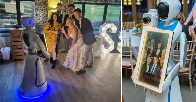 A group of people dressed in formal attire pose for a photo taken by a humanoid robot in a well-lit indoor venue. To the right, an image shows the robot with a screen displaying the group photo taken. The setting suggests a celebratory event, possibly a wedding.