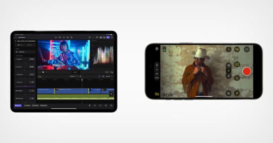 Two smartphones displaying apps: the left shows a video editing interface; the right is in camera mode capturing a man in a cowboy hat.