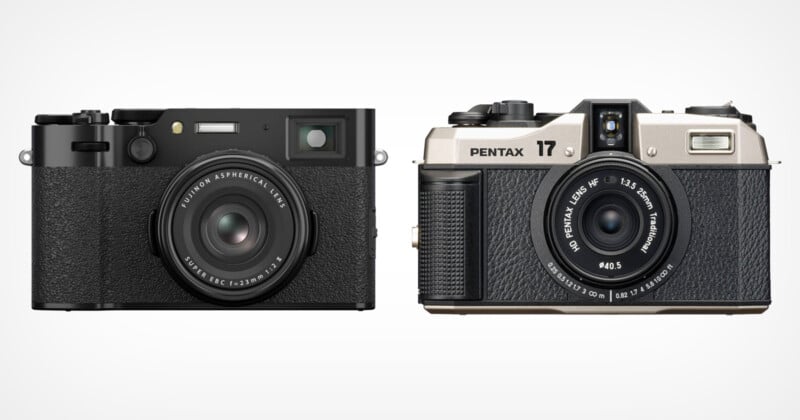 Two cameras are displayed. On the left is a Fujifilm X100V with a black body and labeled "Fujinon Aspherical Lens" around the lens. On the right is a vintage Pentax 17 film camera with a silver and black body, featuring "Auto Takumar" text around its lens.