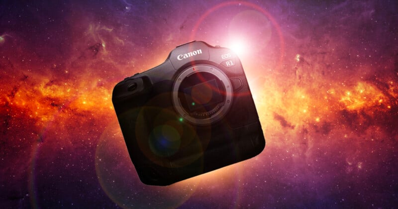 A canon eos r1 camera floating in front of a vibrant cosmic background with hues of purple, orange, and yellow, highlighted by a lens flare and celestial ambiance.