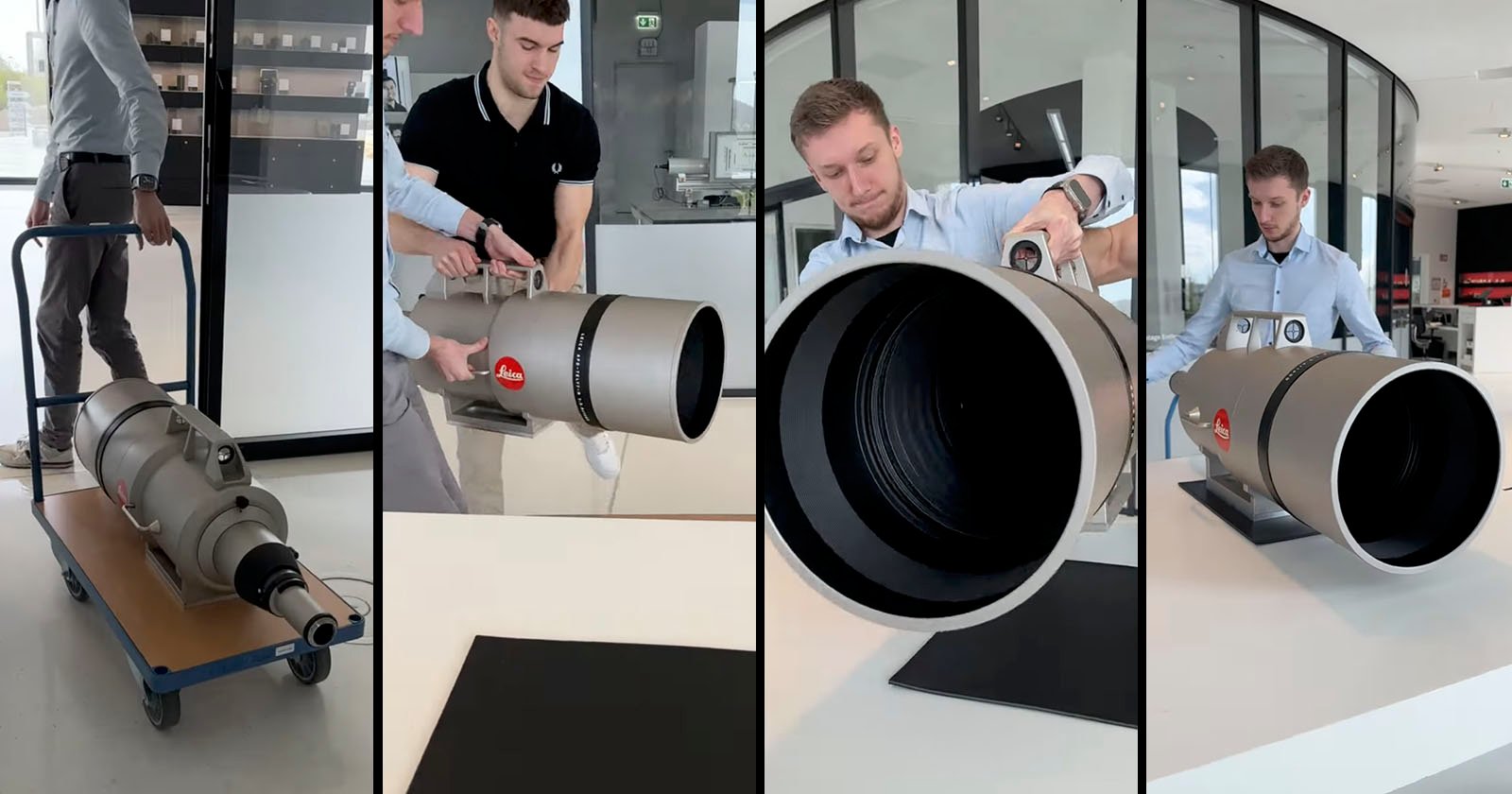 Three-panel image showing a man in a business setting unloading a large, tube-shaped object from a trolley, displaying its front view, and inspecting its inner part.