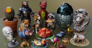 A collection of detailed figurines displayed on a surface. Items include a cactus, bear, T-Rex, dragon emerging from an egg, lion, raccoon with a pizza, dogs, skull, hippo, duck, croissant, pigeon, turkey, turtle, toy car, crab, elephant, and a bird.