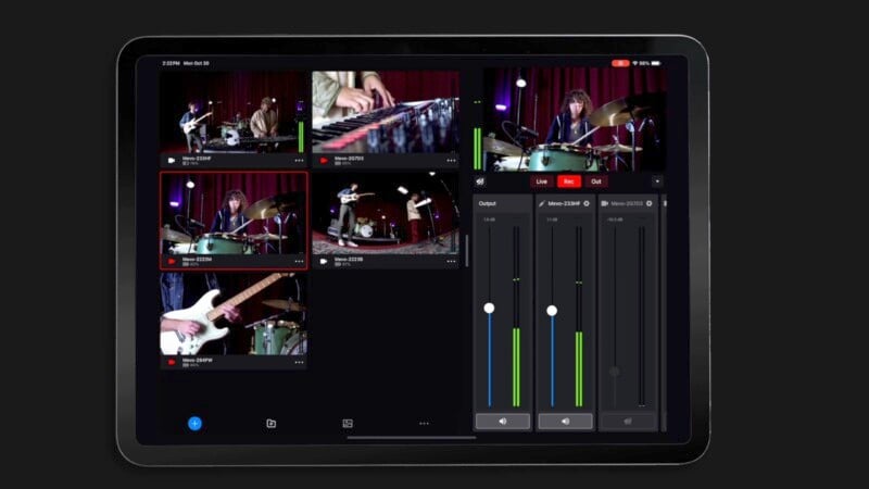 A tablet screen displays a live music video editing interface. Multiple video thumbnails show different angles of musicians playing instruments, including guitar, keyboard, and drums. Sliders for audio levels and output adjustments are visible on the right side.