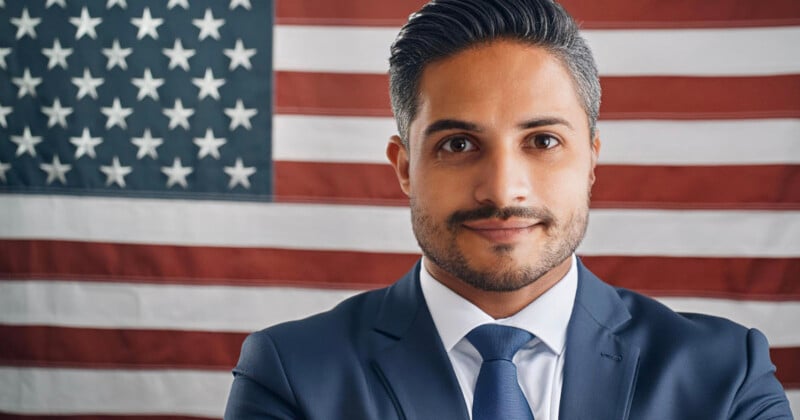 A man with dark hair, wearing a navy blue suit and tie, stands confidently with his arms crossed in front of a large United States flag. The background shows the flag's stars and stripes clearly.