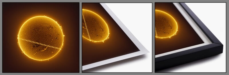 A triptych showing a close-up, side angle, and corner of a framed print of a glowing orange sphere with line details. The left image is front-facing, the center shows the white border, and the right focuses on the black frame corner.