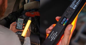 A person holds a smartphone displaying an app and a cylindrical LED light bar inside a vehicle. A close-up shows the LED light bar’s control panel with buttons, charging port, and indicators. Backpack and camping gear are visible in the background.