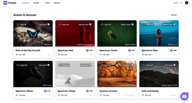 Screenshot of a webpage titled "Quests to discover" on a platform called Pulsex. The page displays various quests, each with an image and the remaining days to participate. Quests include "Spectrum: Red," "Spectrum: Green," and others, with costs listed in USD.