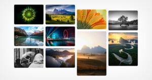 A collage of various scenic images including close-ups of flowers, lush green landscapes, mountains, a lone tree by water, a serene lake, a cityscape with light trails and a Ferris wheel, people under umbrellas, and a winding river at sunrise.