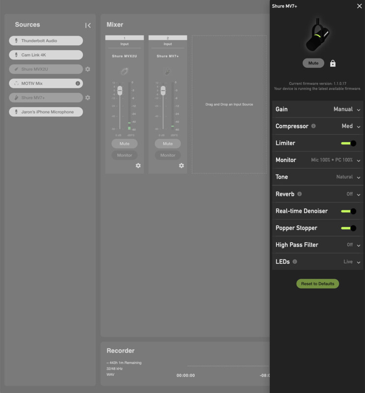 Screenshot of a digital audio workstation interface showing source inputs, a mixer with volume controls, effects like reverb and compression settings, and a recorder with a timeline.