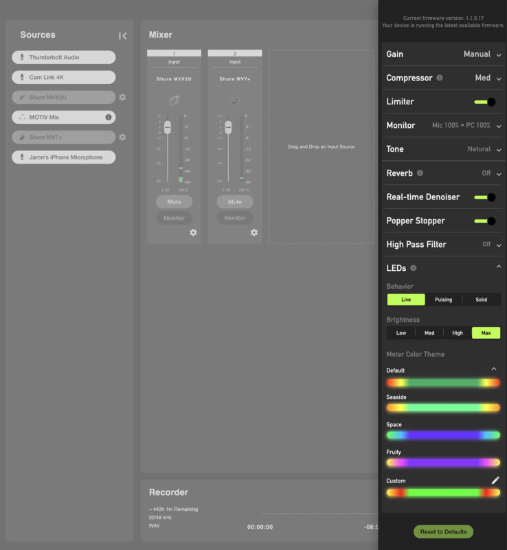 A screenshot of audio mixing software displaying various controls, including sliders for volume and gain, buttons for mute and solo, and advanced settings like reverb, compressor, and equalizer. at the bottom, there's a wave form display for recording.