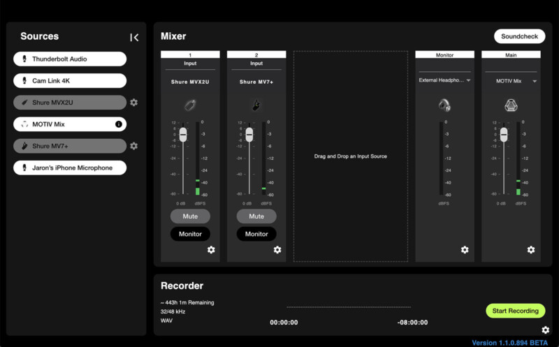 A digital audio interface on a computer screen displaying various input channels, each with adjustable volume levels, mute, and solo options, and a large start recording button at the bottom.