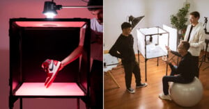 The image is split into two sections. The left side shows a person placing a red and white sneaker into a lightbox for photography. The right side depicts three people setting up a photography session with lighting equipment, discussing angles and setup.