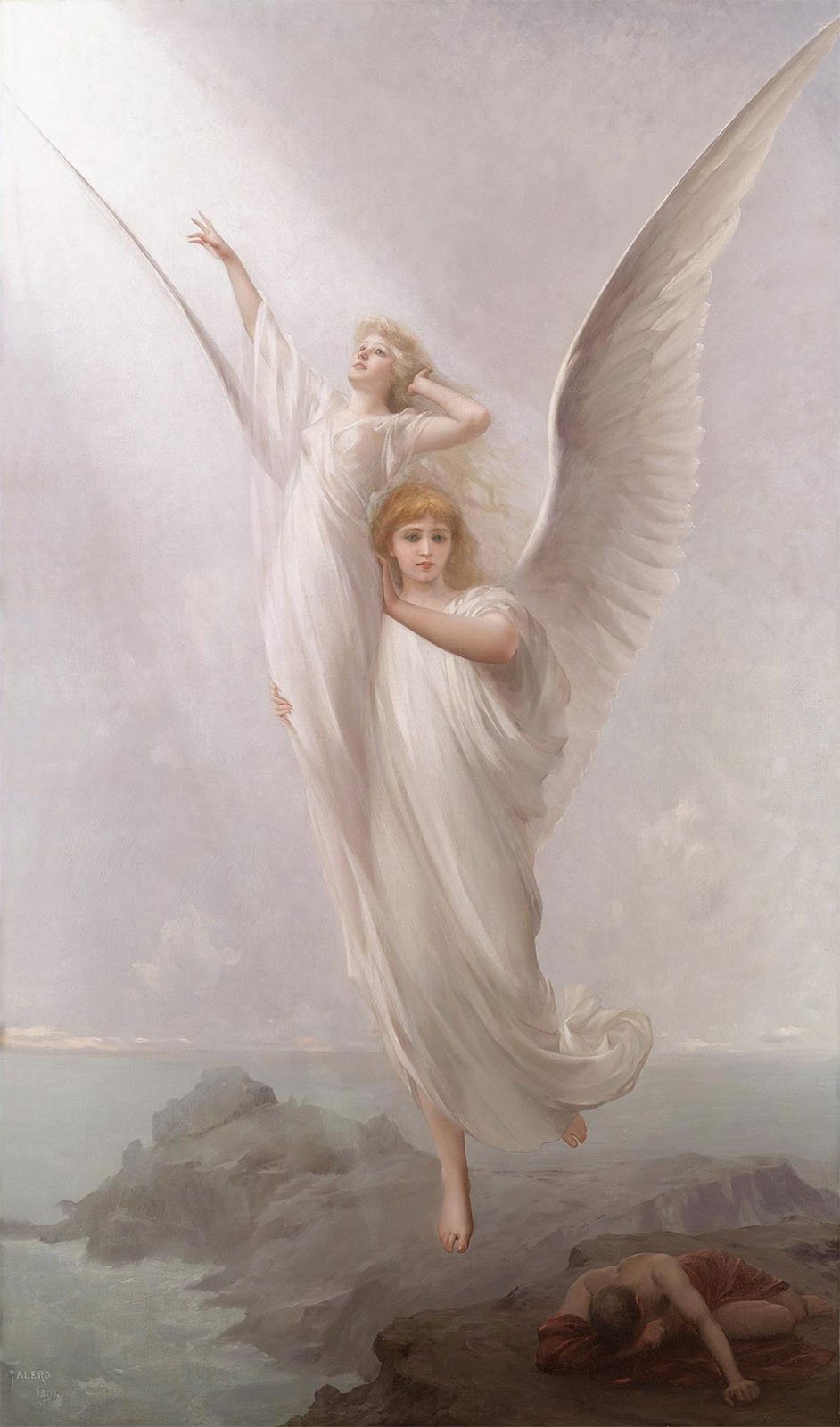 A serene painting depicts two angelic figures with flowing white robes ascending into the sky. One angel holds another, who has her arms outstretched upward. Below them, a person lies on a rocky shoreline, partially covered by a red cloth. The background shows a calm sea.
